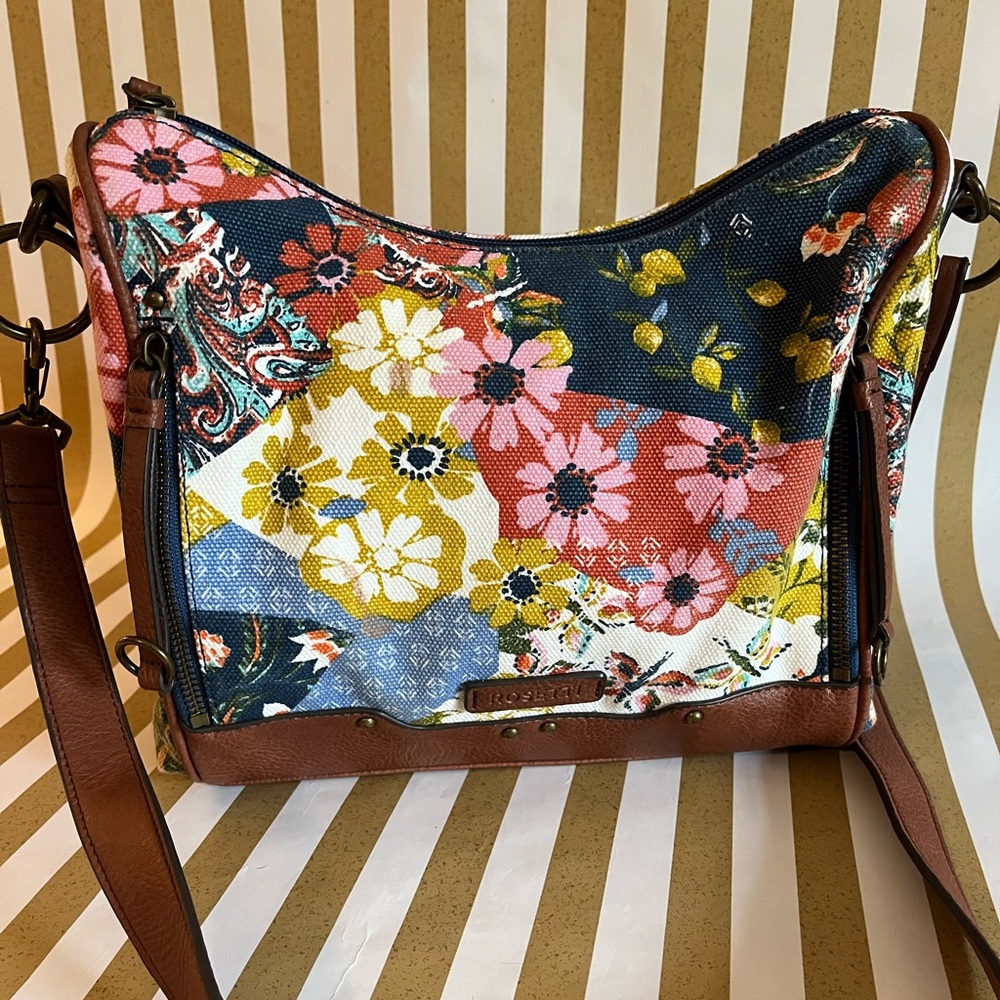 Rosetti Shoulder Bag Floral Boho Canvas Print Faux Leather Purse w Pockets EUC